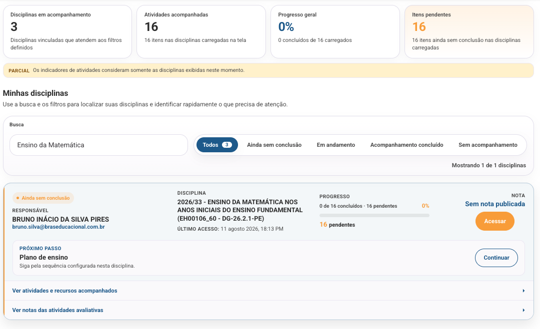 Painel com indicadores de acompanhamento, filtros e lista de disciplinas
