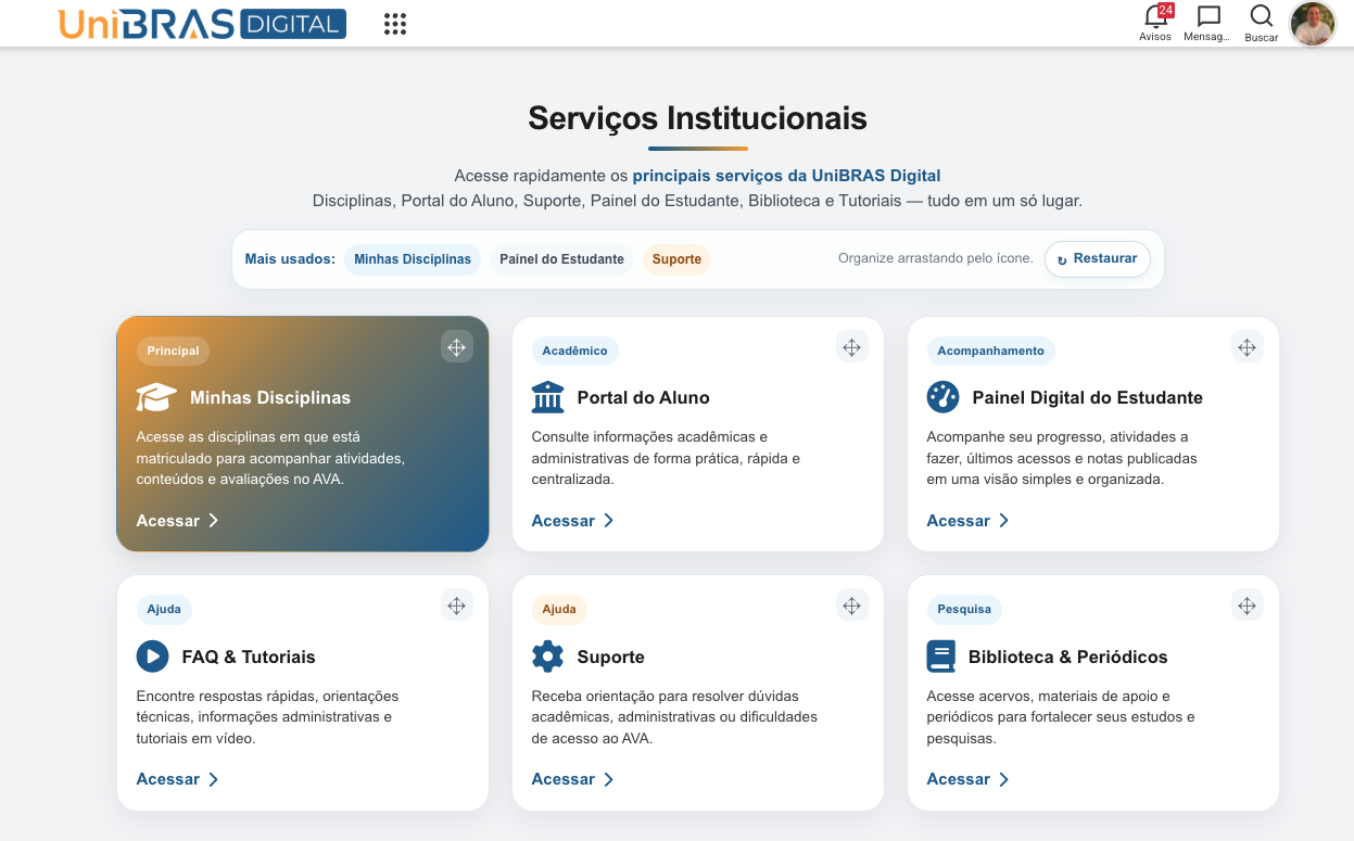 Página de Serviços Institucionais com a opção Painel Digital do Estudante